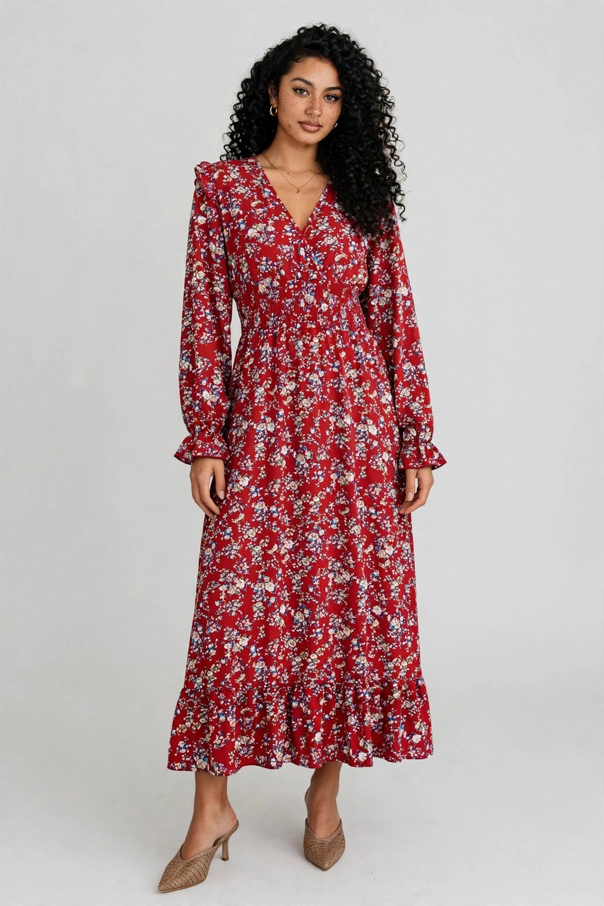 Ruffled Floral V-Neck Flounce Sleeve Dress