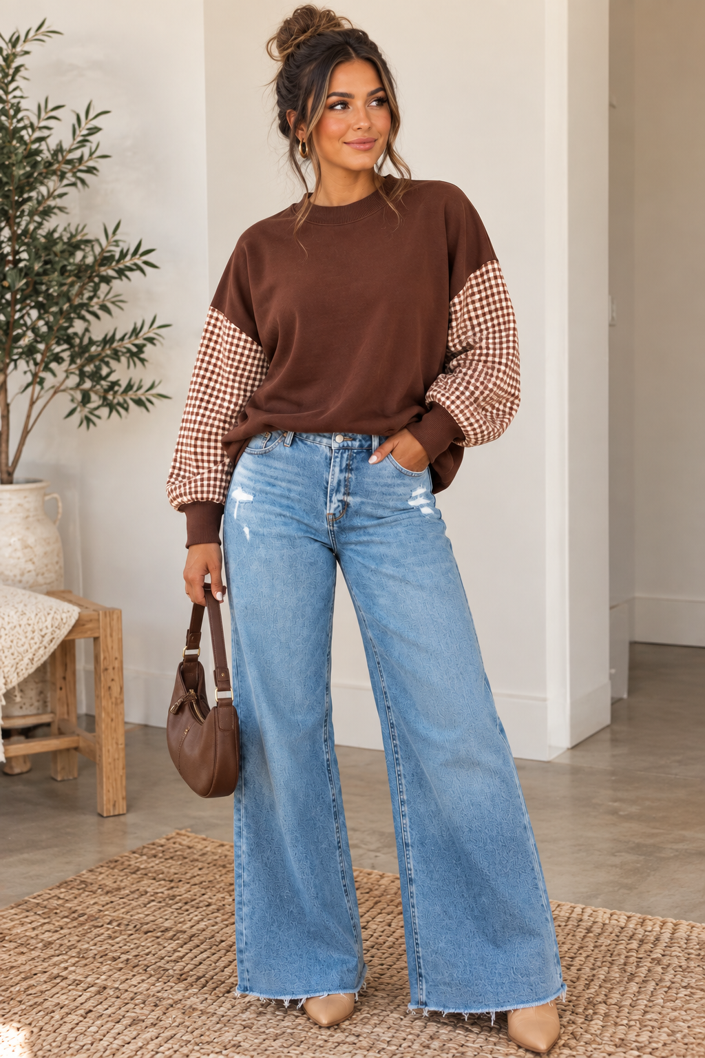 Plaid Sleeve Colorblock Loose Tunic Sweatshirt