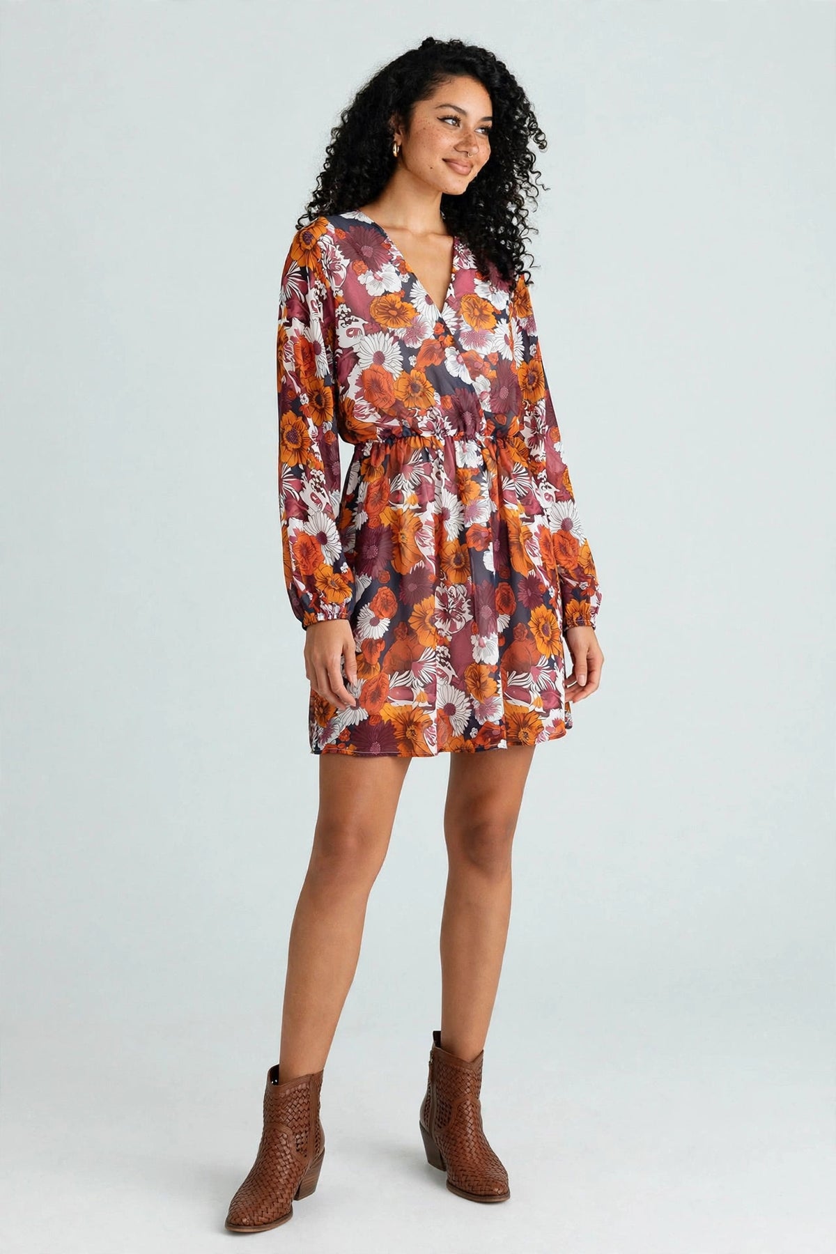Floral Print Wrap V Neck Puff Sleeve Flowy Mini Dress