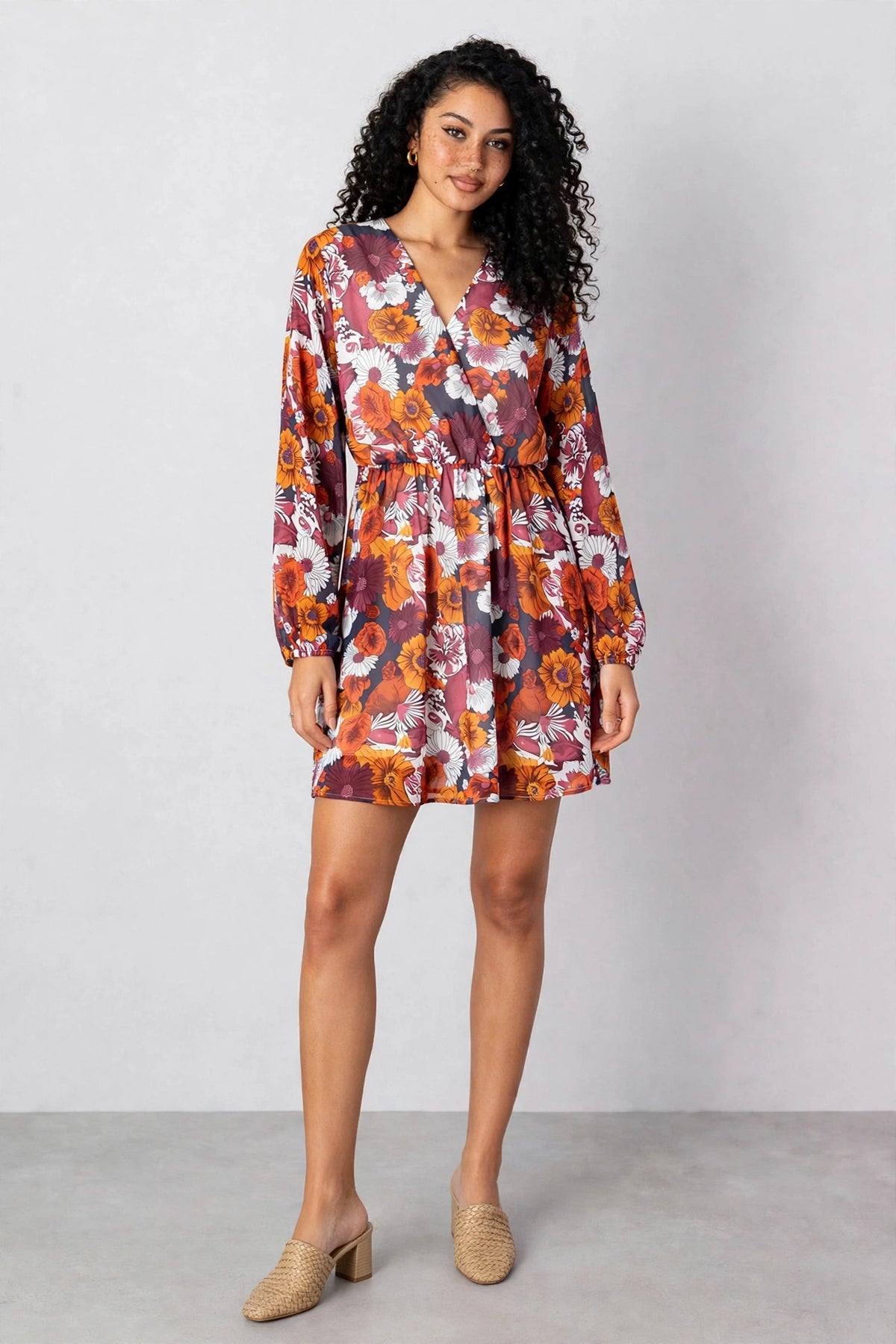 Floral Print Wrap V Neck Puff Sleeve Flowy Mini Dress
