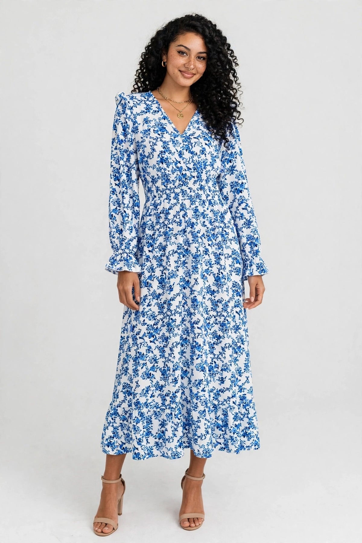 Ruffled Floral V-Neck Flounce Sleeve Dress