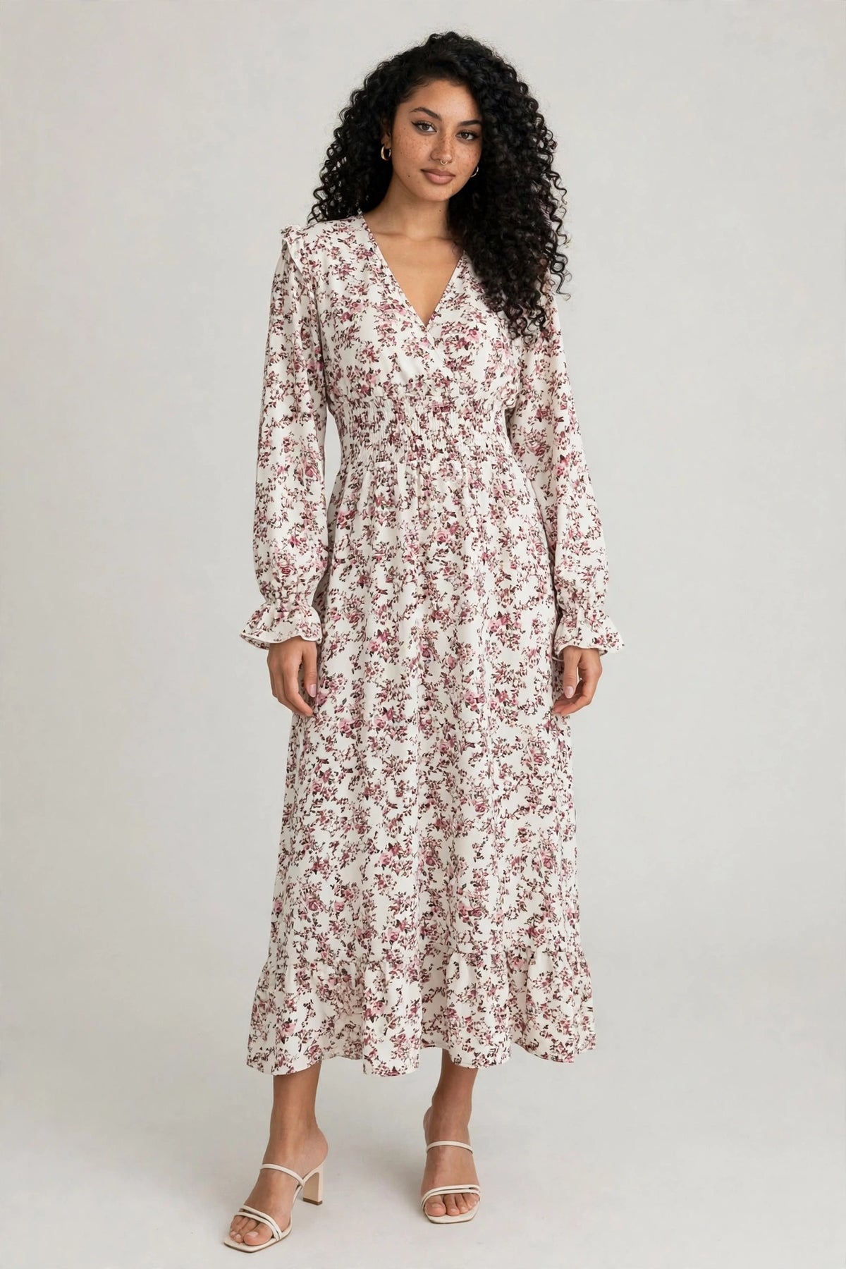 Ruffled Floral V-Neck Flounce Sleeve Dress