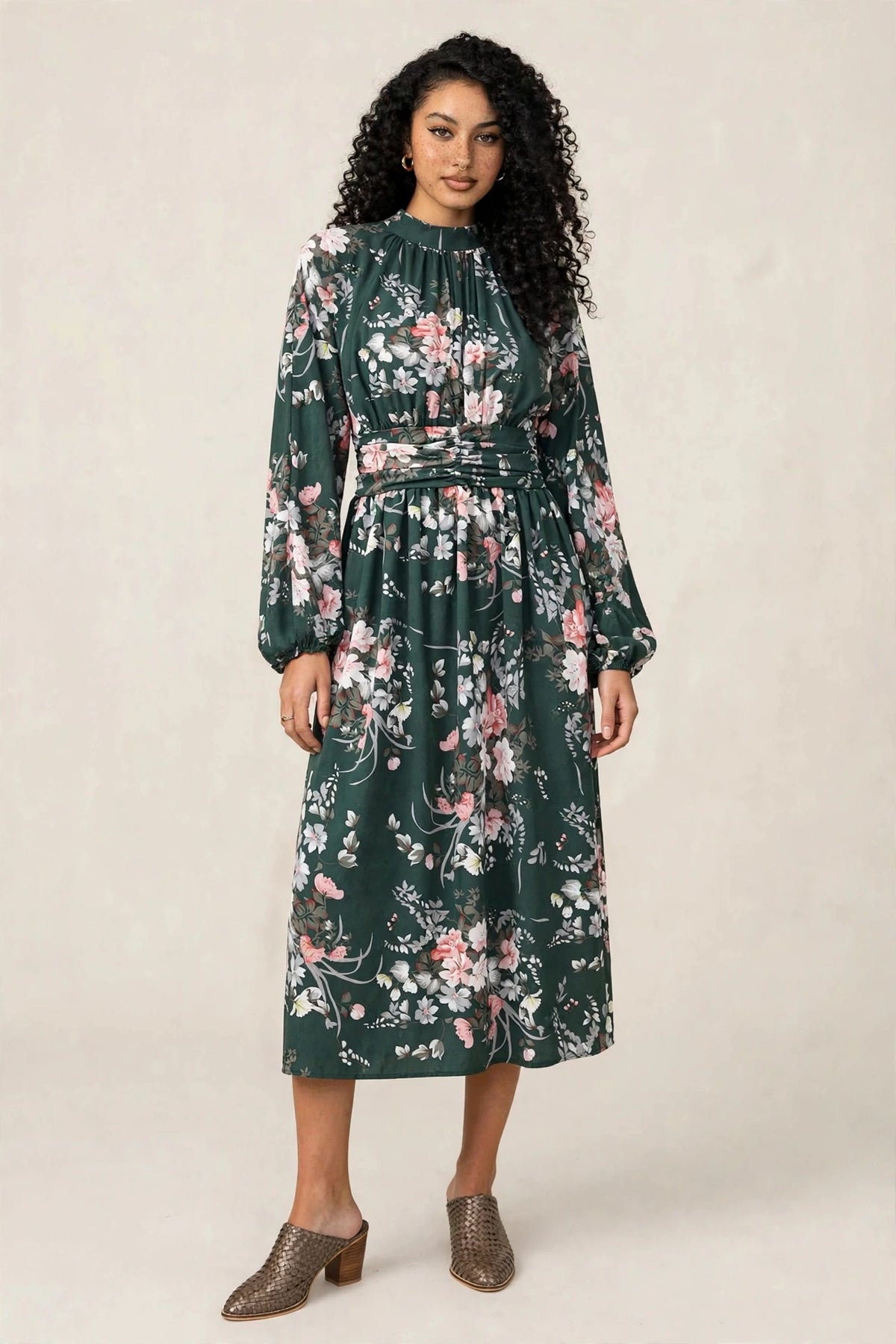 Perfee Ruched Printed Mock Neck Long Sleeve Midi Dress