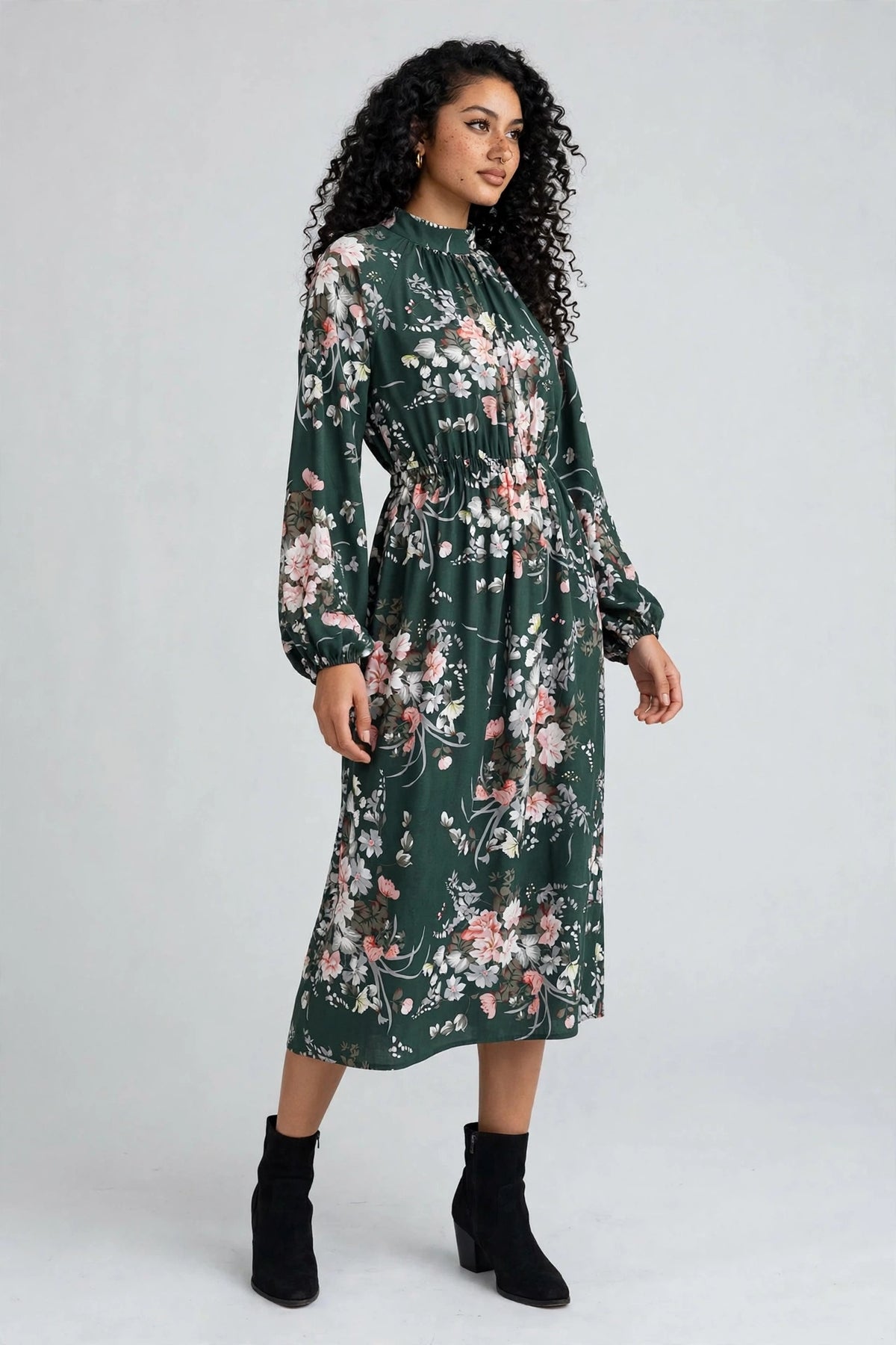 Perfee Ruched Printed Mock Neck Long Sleeve Midi Dress