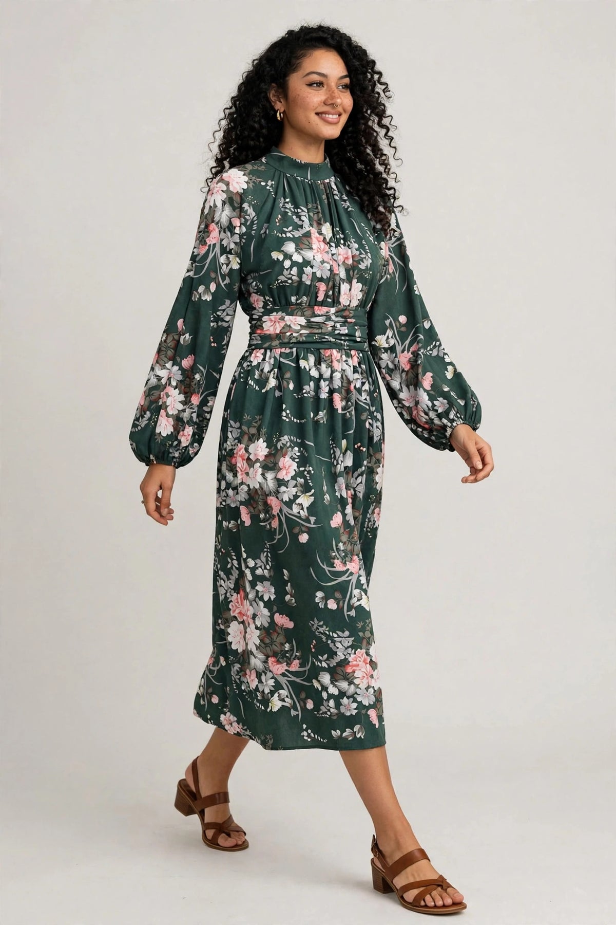 Perfee Ruched Printed Mock Neck Long Sleeve Midi Dress