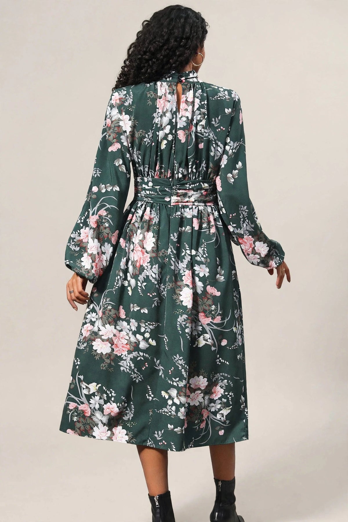 Perfee Ruched Printed Mock Neck Long Sleeve Midi Dress