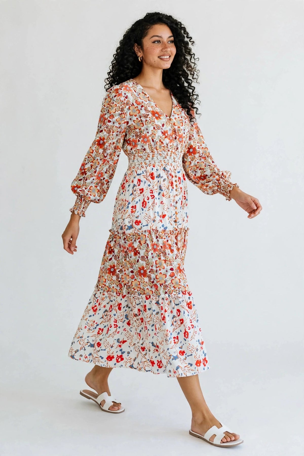 Printed V-Neck Lantern Sleeve Midi Dress