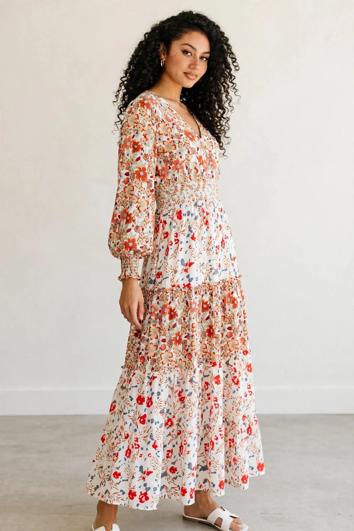 Printed V-Neck Lantern Sleeve Midi Dress