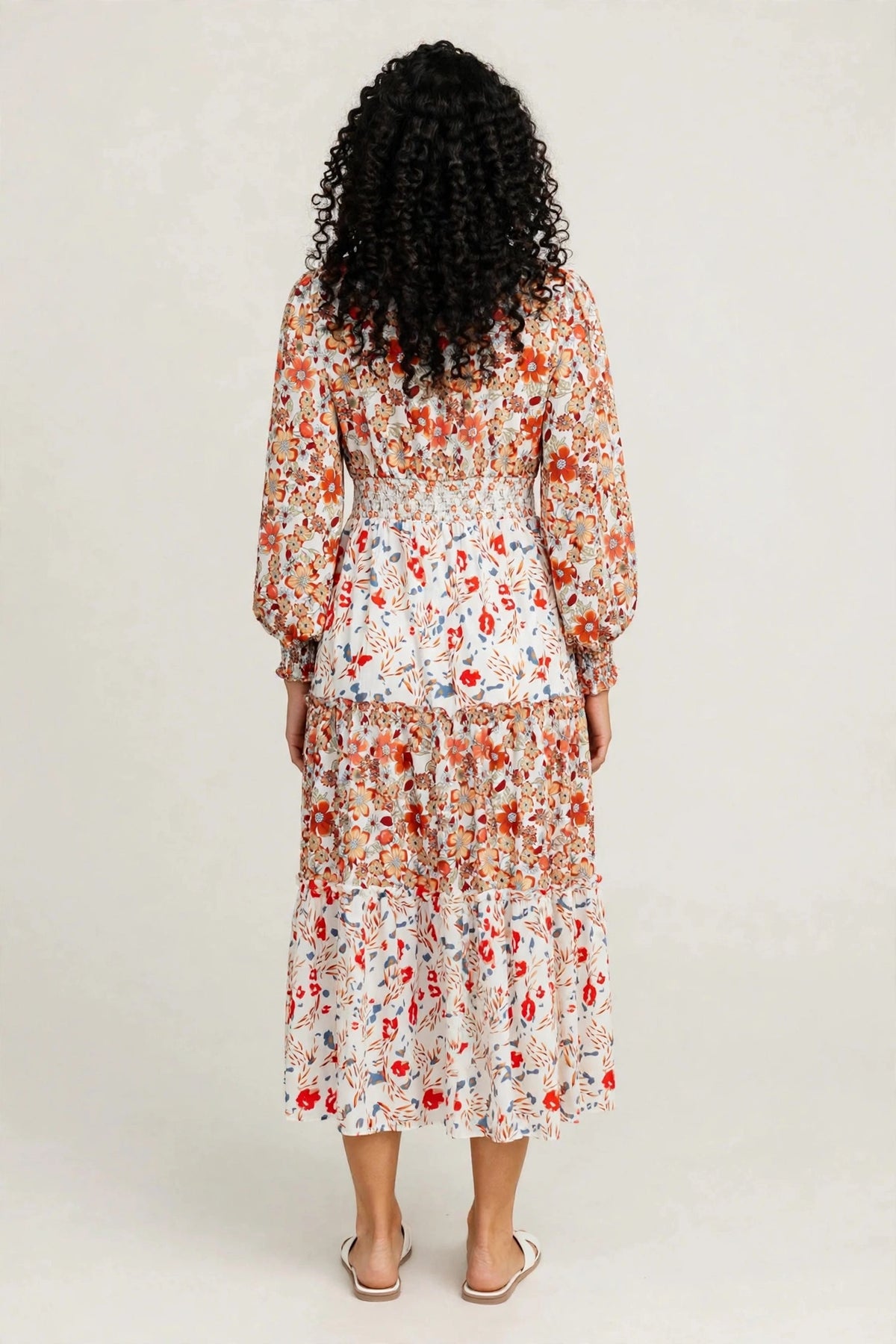 Printed V-Neck Lantern Sleeve Midi Dress