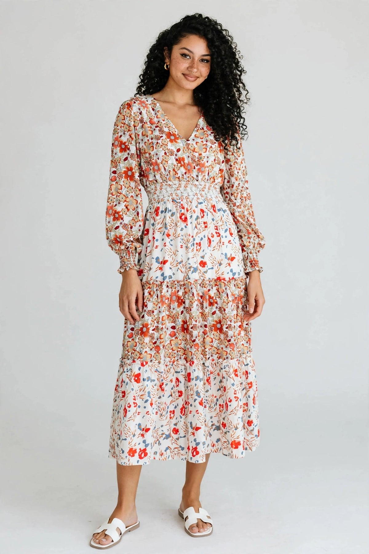 Printed V-Neck Lantern Sleeve Midi Dress