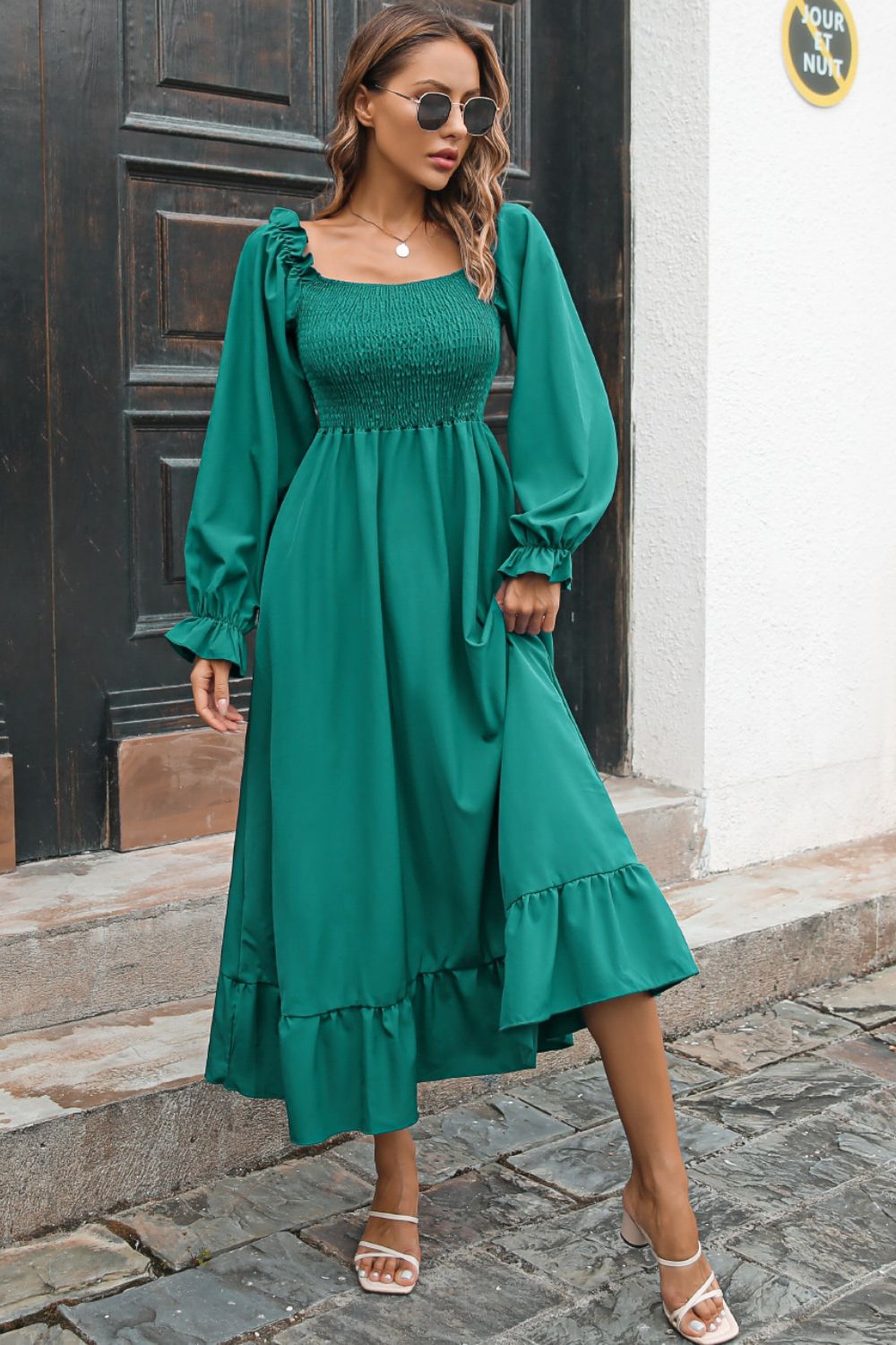 Smocked Square Neck Ruffle Midi Dress