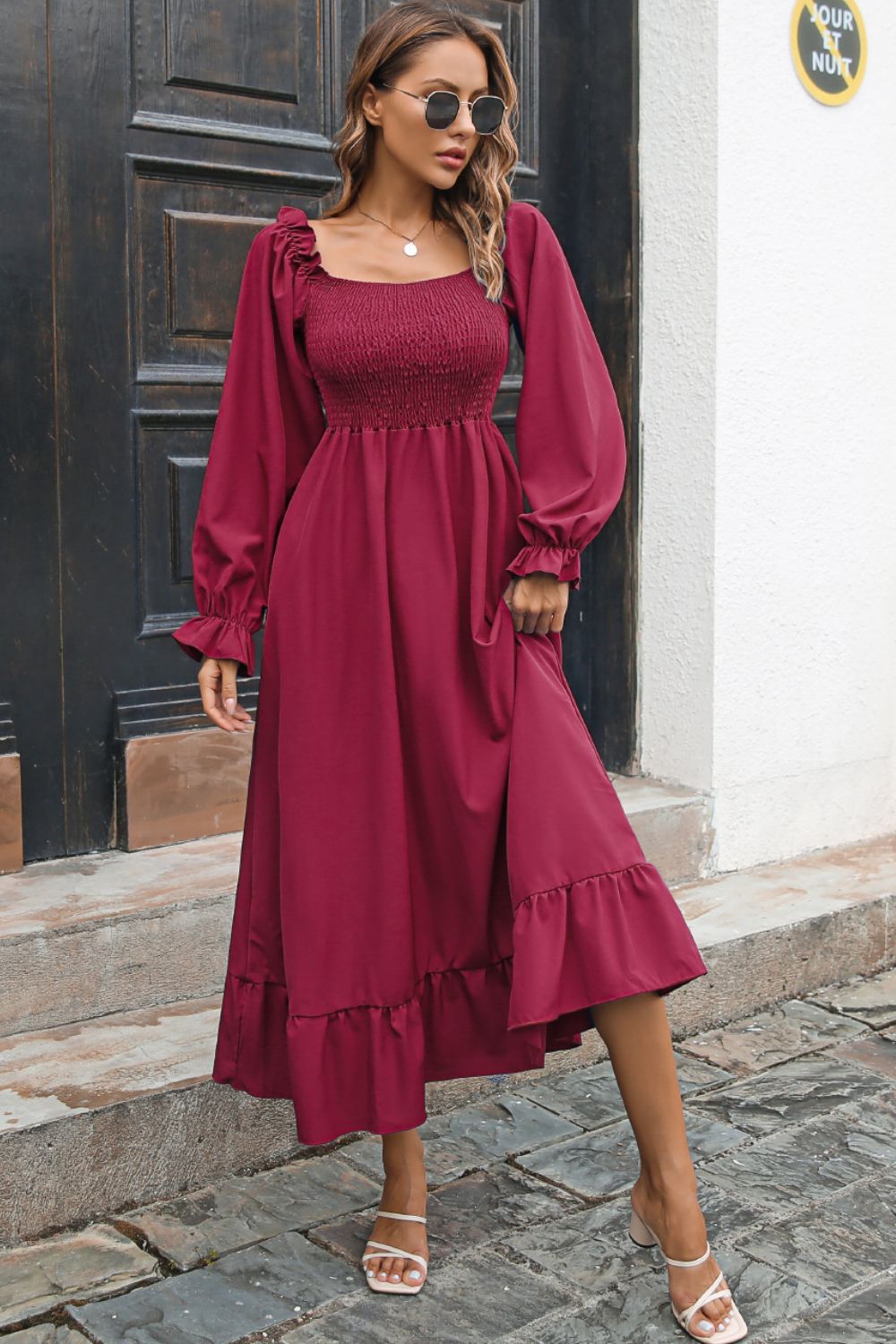 Smocked Square Neck Ruffle Midi Dress