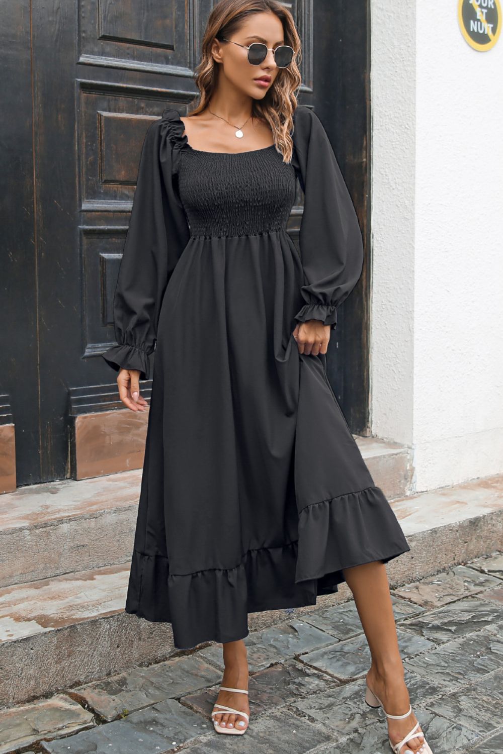 Smocked Square Neck Ruffle Midi Dress